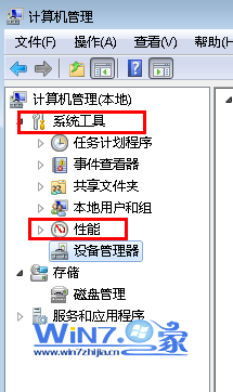 展开左侧的“系统工具--性能--设备管理器”项